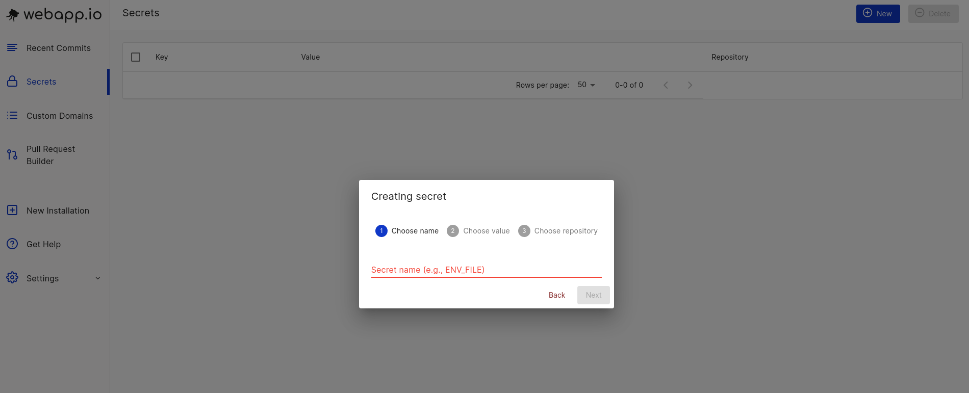 View of dialogue box prompting secret creation in webapp.io